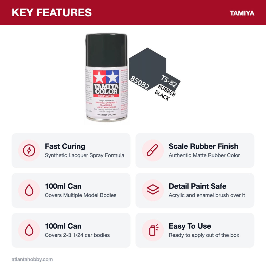 Tamiya TS-82 Black Rubber Lacquer Spray Paint, 100ml key features
