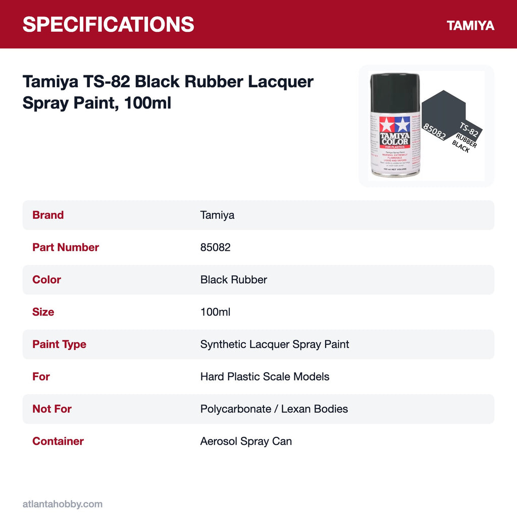 Tamiya TS-82 Black Rubber Lacquer Spray Paint, 100ml specifications