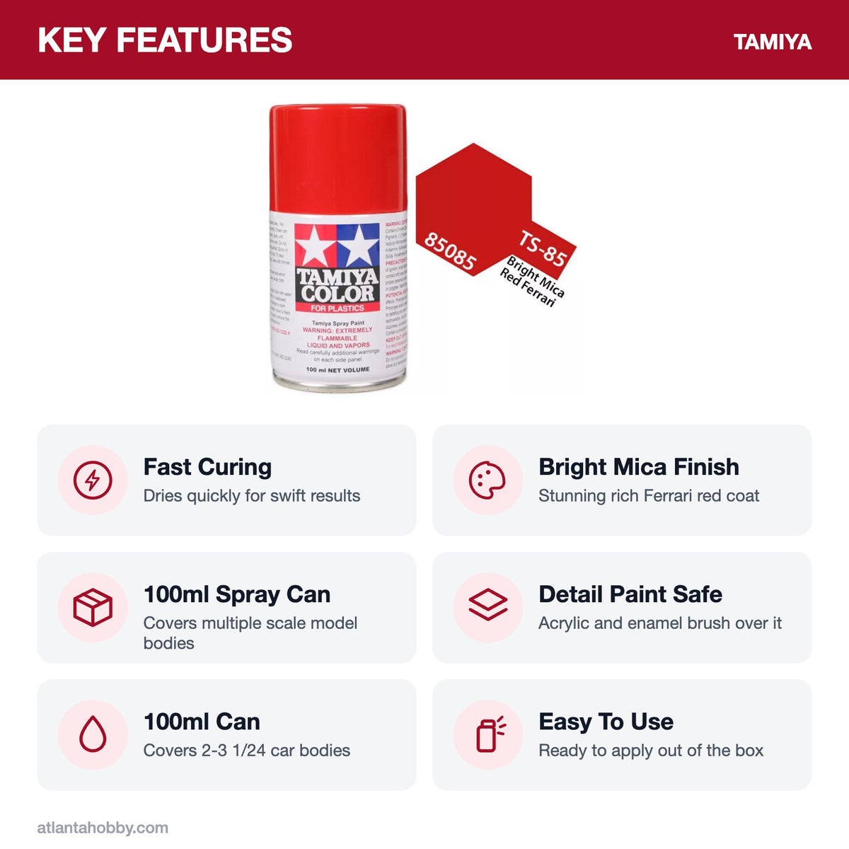 Tamiya TS-85 Bright Mica Red Lacquer Spray Paint, 100ml key features