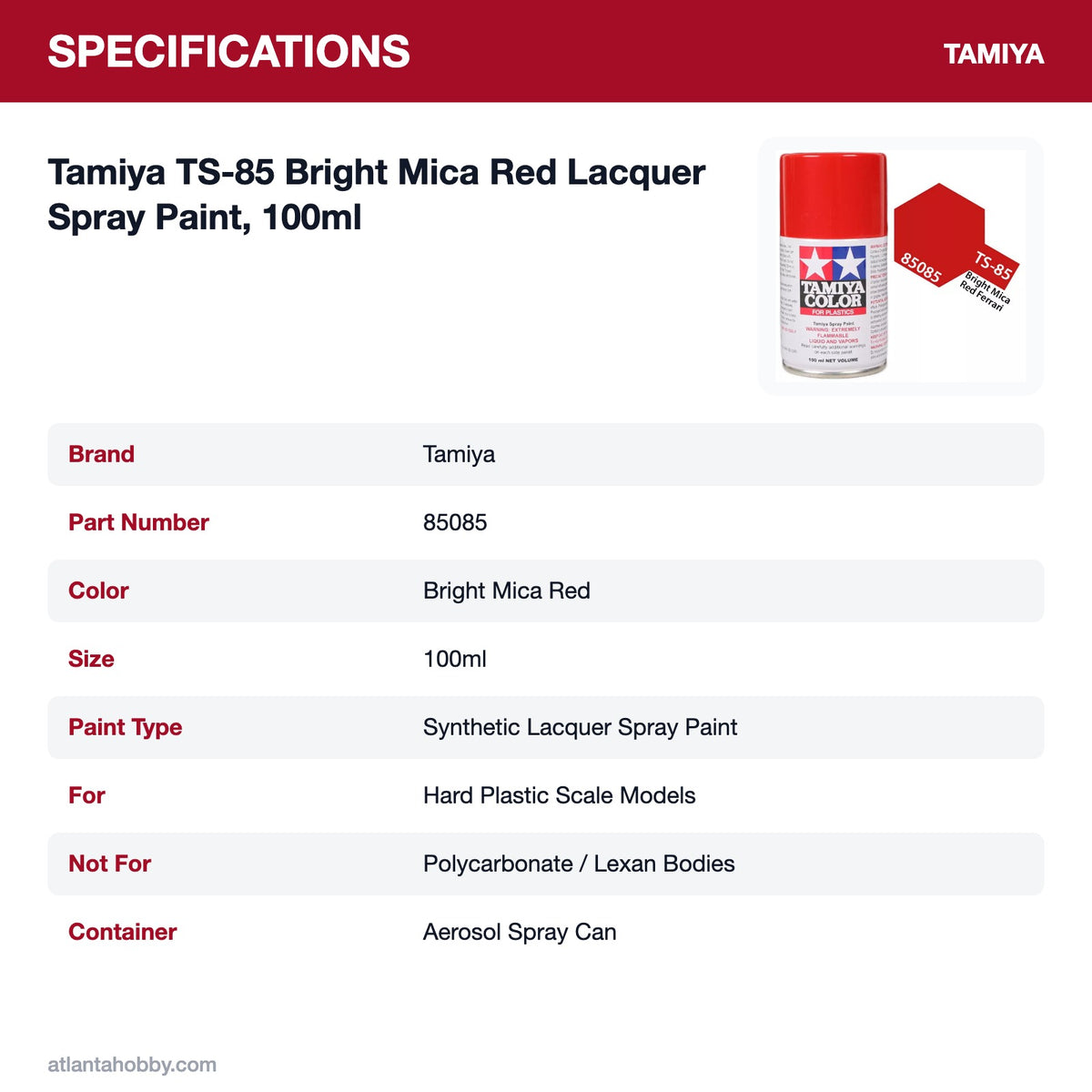 Tamiya TS-85 Bright Mica Red Lacquer Spray Paint, 100ml specifications