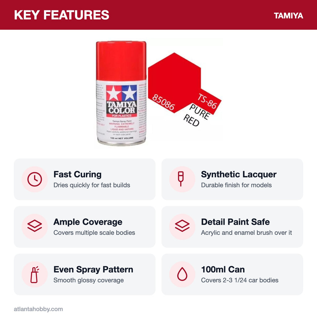 Tamiya TS-86 Brilliant Red Lacquer Spray Paint, 100ml key features