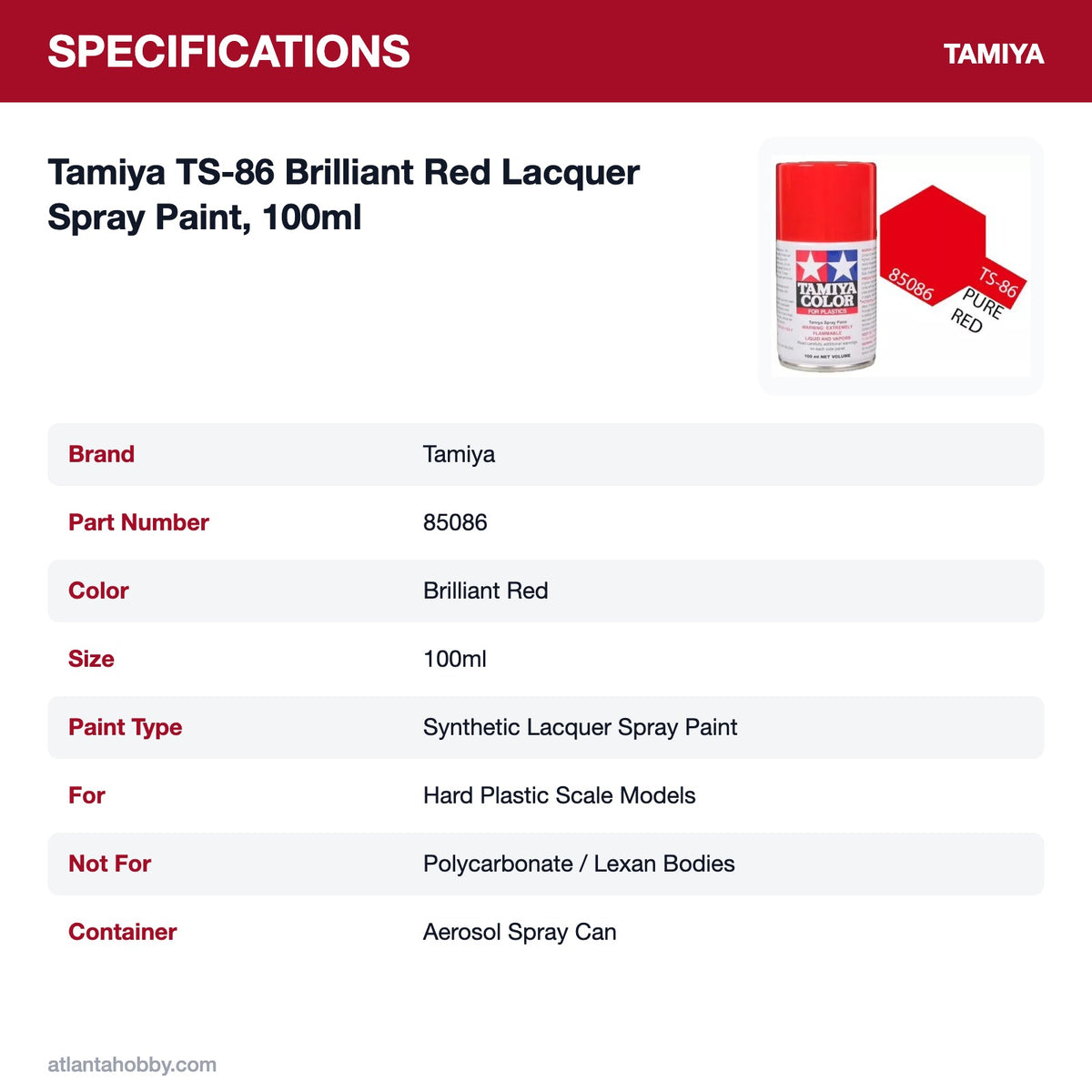 Tamiya TS-86 Brilliant Red Lacquer Spray Paint, 100ml specifications