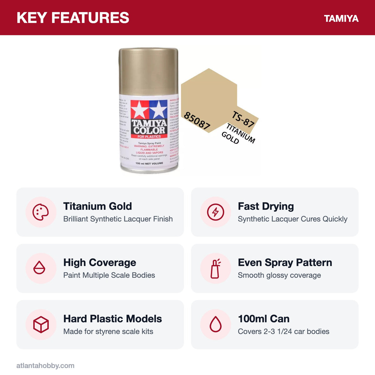 Tamiya TS-87 Titanium Gold Lacquer Spray Paint, 100ml key features