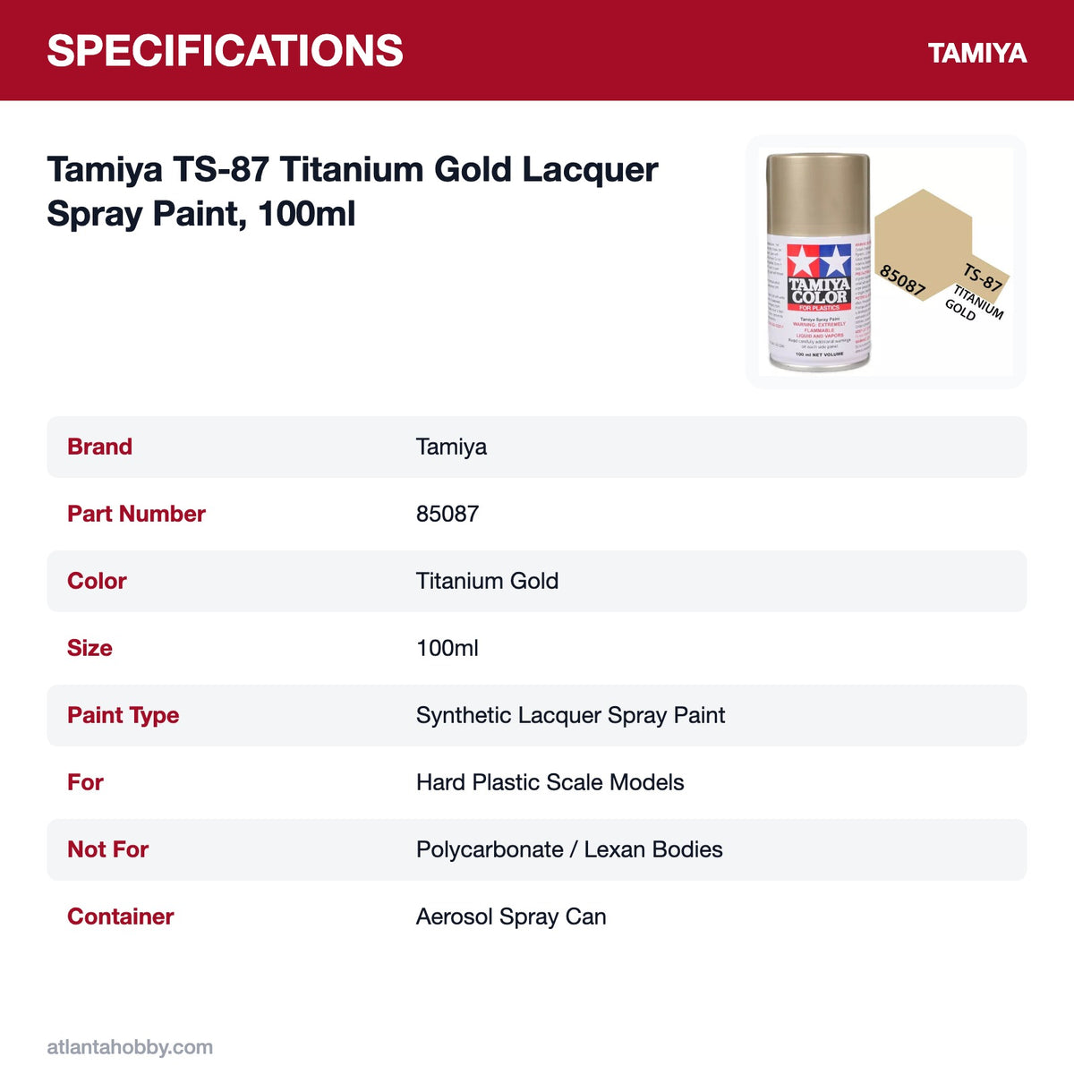 Tamiya TS-87 Titanium Gold Lacquer Spray Paint, 100ml specifications