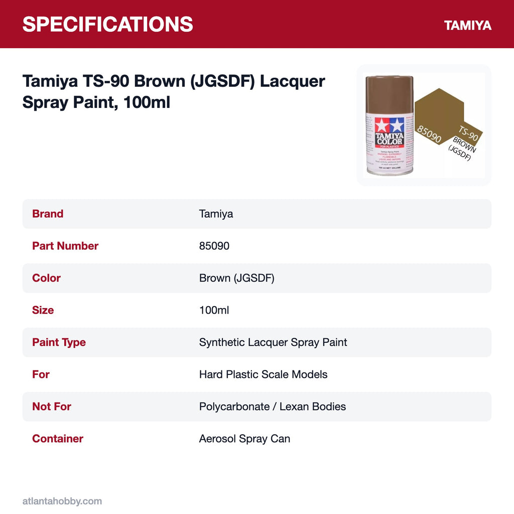Tamiya TS-90 Brown (JGSDF) Lacquer Spray Paint, 100ml specifications