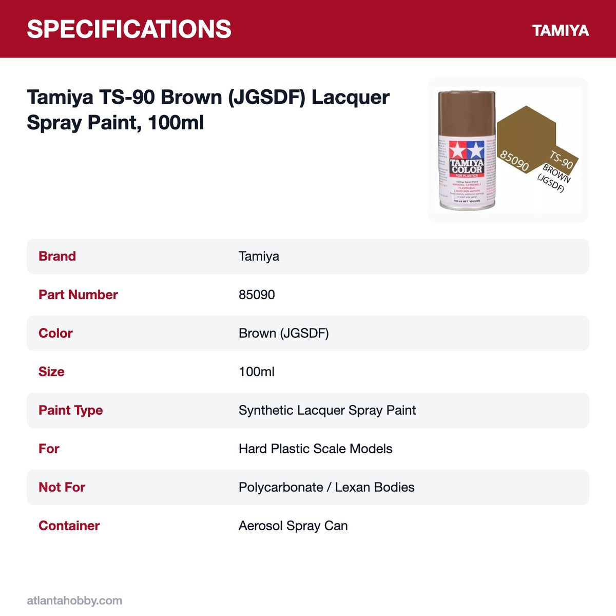 Tamiya TS-90 Brown (JGSDF) Lacquer Spray Paint, 100ml specifications