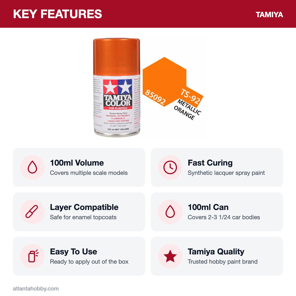Tamiya TS-92 Metallic Orange Lacquer Spray Paint, 100ml key features