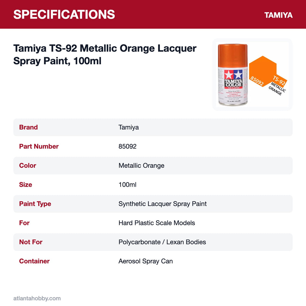 Tamiya TS-92 Metallic Orange Lacquer Spray Paint, 100ml specifications