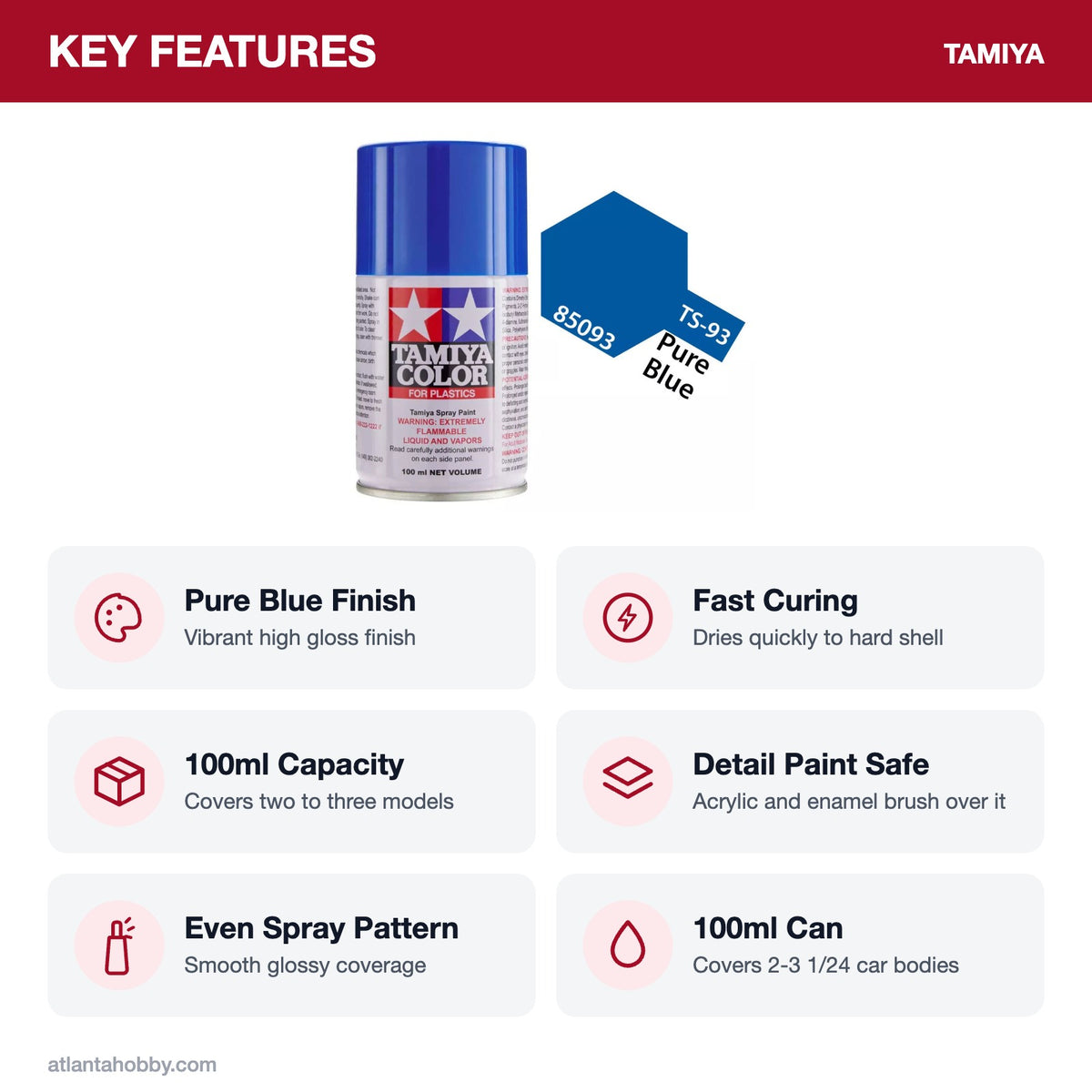 Tamiya TS-93 Pure Blue Lacquer Spray Paint, 100ml key features