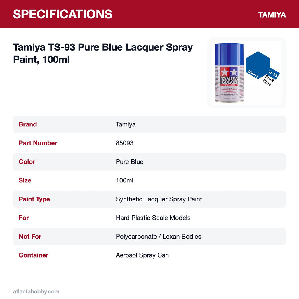 Tamiya TS-93 Pure Blue Lacquer Spray Paint, 100ml specifications