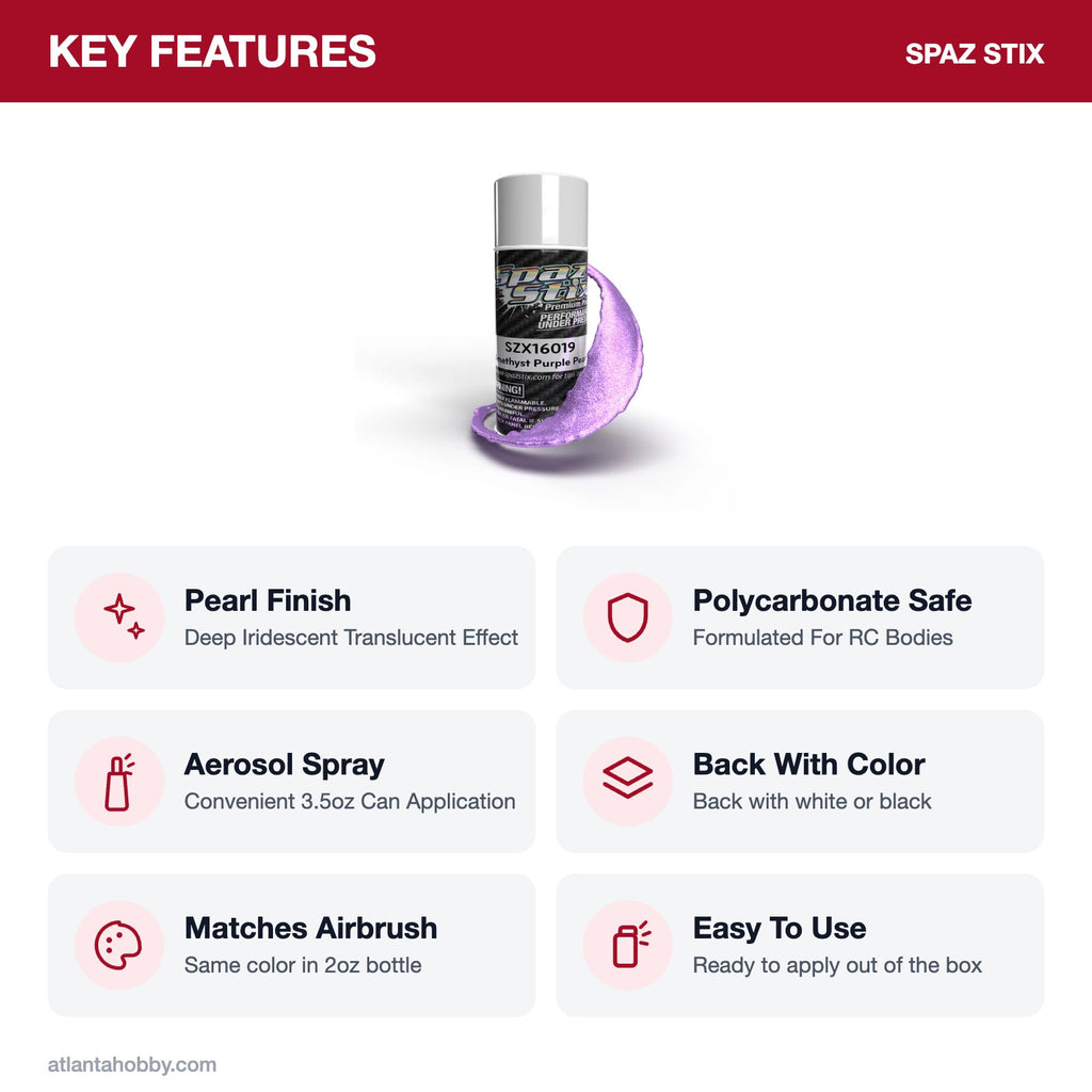 Spaz Stix Amethyst Purple Pearl Aerosol Paint, 3.5oz key features