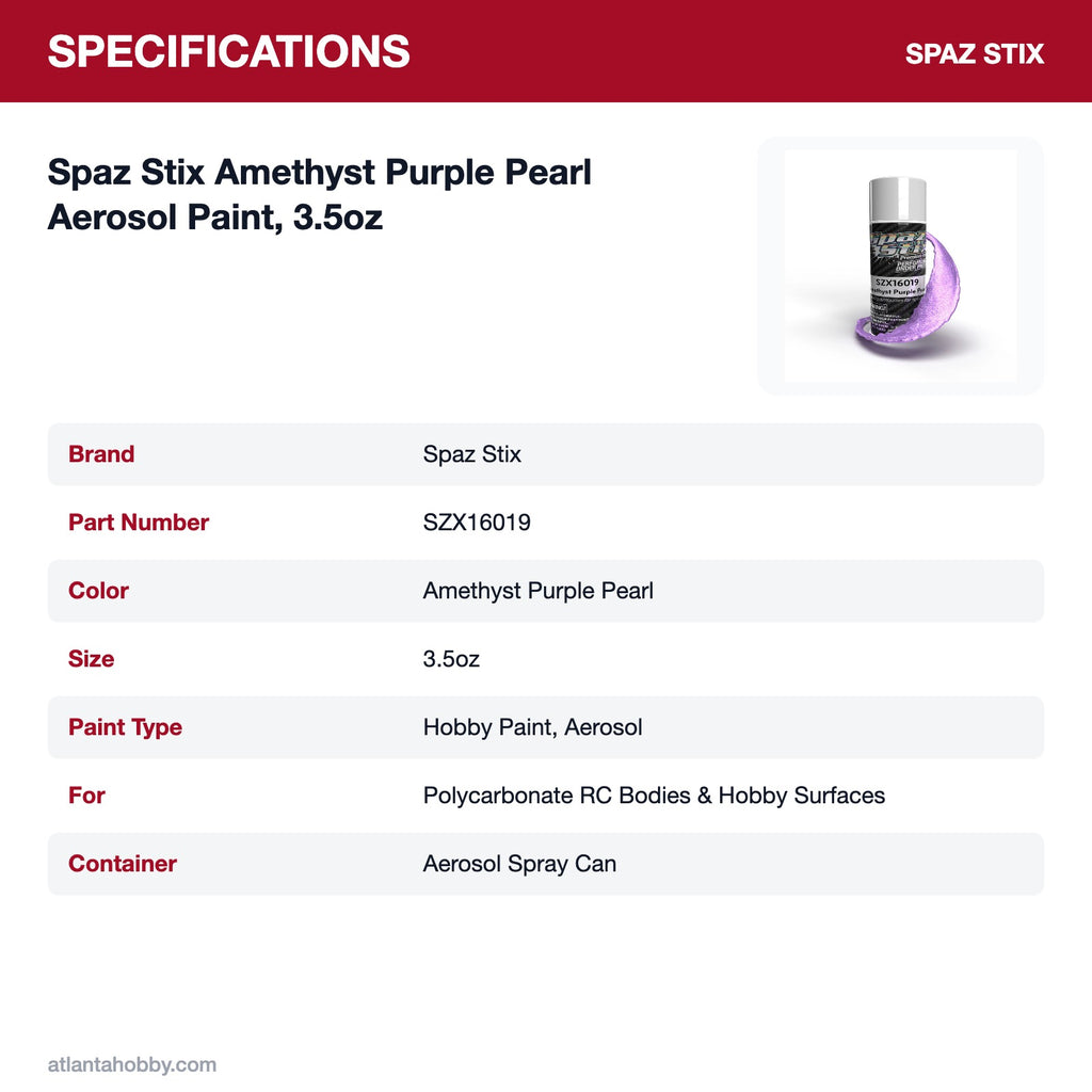 Spaz Stix Amethyst Purple Pearl Aerosol Paint, 3.5oz specifications