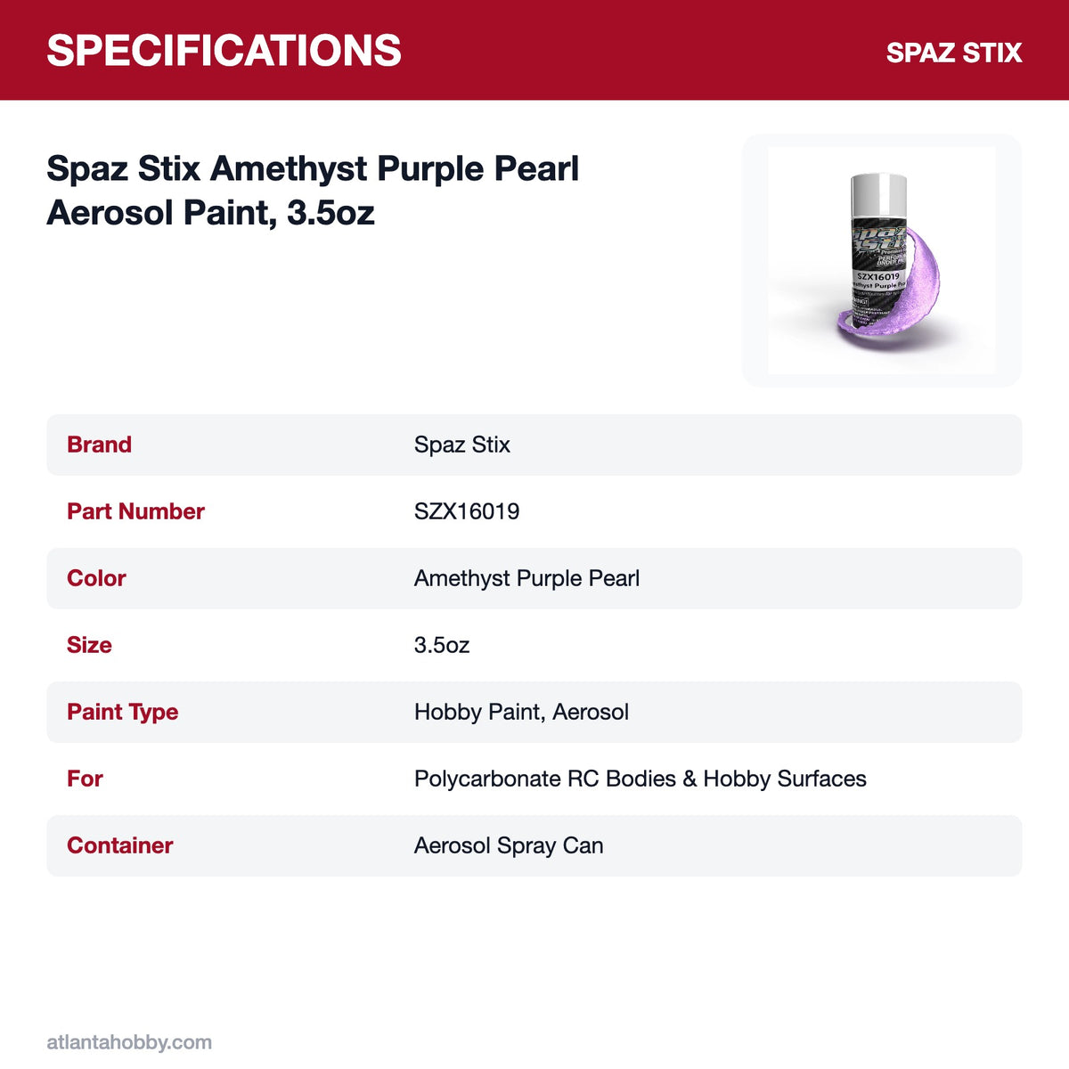 Spaz Stix Amethyst Purple Pearl Aerosol Paint, 3.5oz specifications