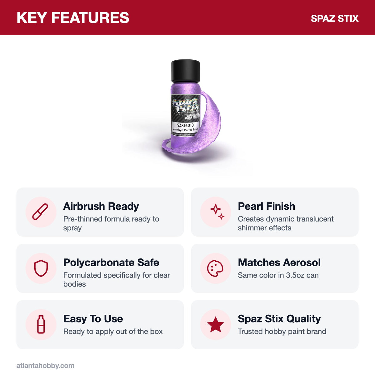 Spaz Stix Amethyst Purple Pearl Airbrush Ready Paint, 2oz key features