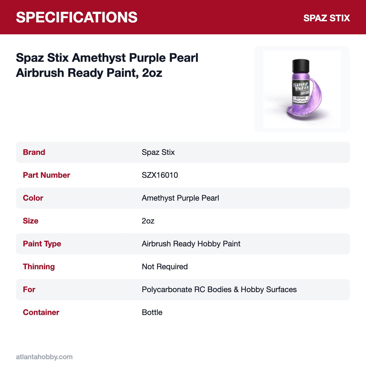 Spaz Stix Amethyst Purple Pearl Airbrush Ready Paint, 2oz specifications