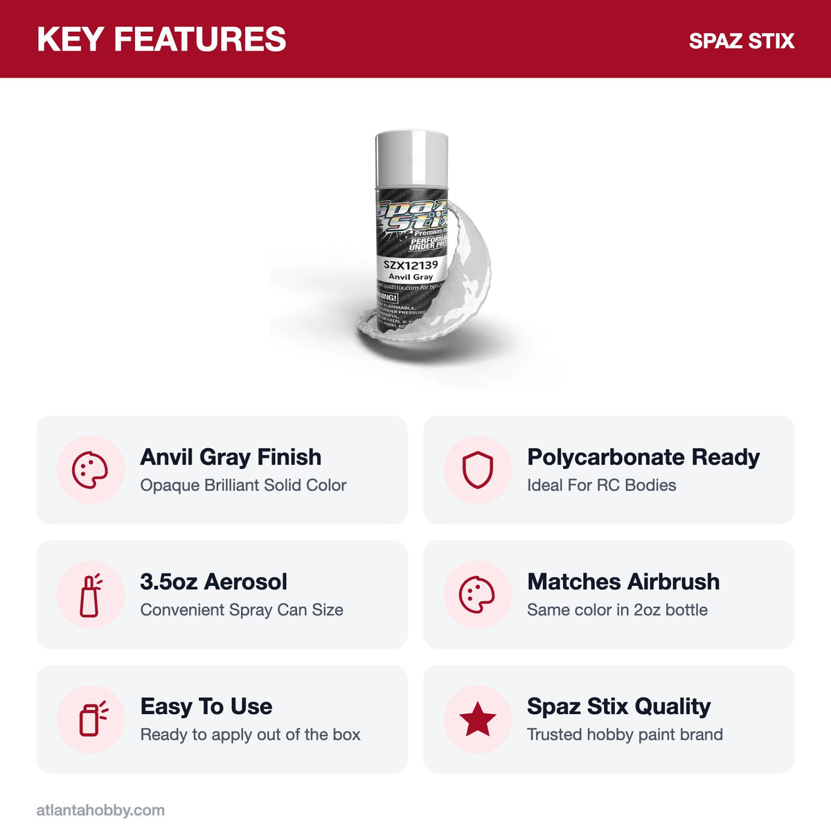 Spaz Stix Anvil Gray Aerosol Paint, 3.5oz key features