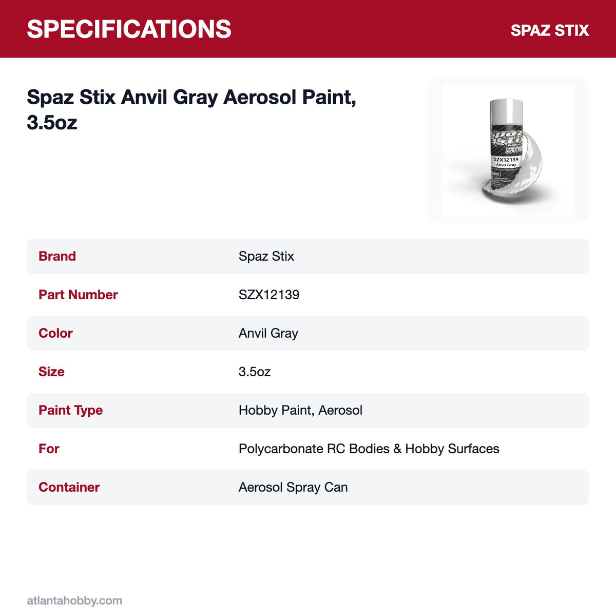 Spaz Stix Anvil Gray Aerosol Paint, 3.5oz specifications