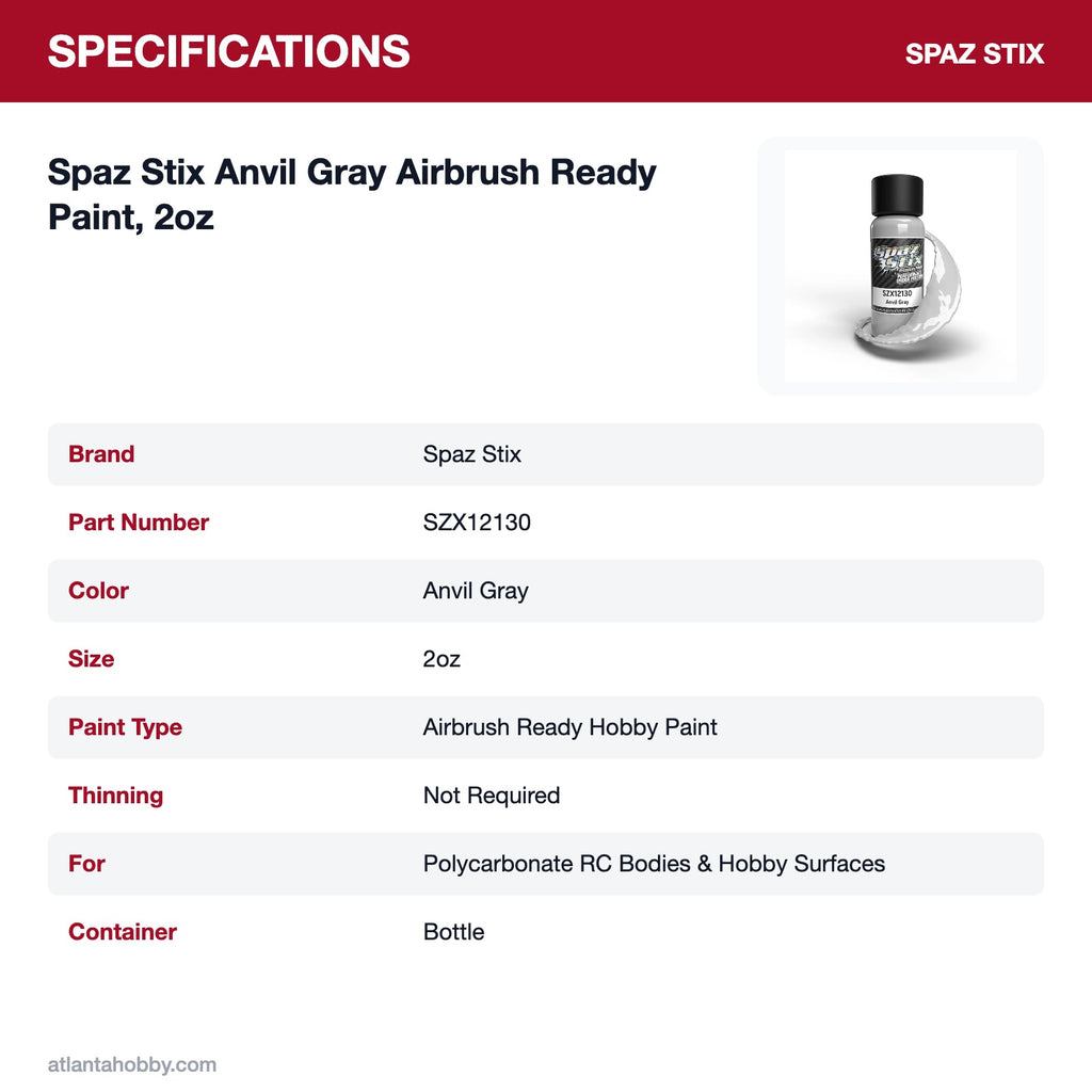 Spaz Stix Anvil Gray Airbrush Ready Paint, 2oz specifications