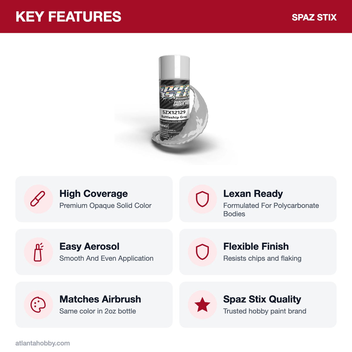 Spaz Stix Battleship Gray Aerosol Paint, 3.5oz key features