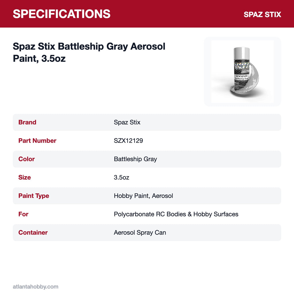 Spaz Stix Battleship Gray Aerosol Paint, 3.5oz specifications