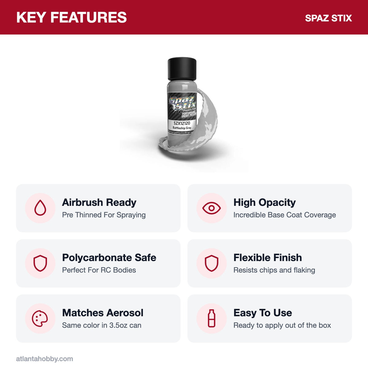 Spaz Stix Battleship Gray Airbrush Ready Paint, 2oz key features