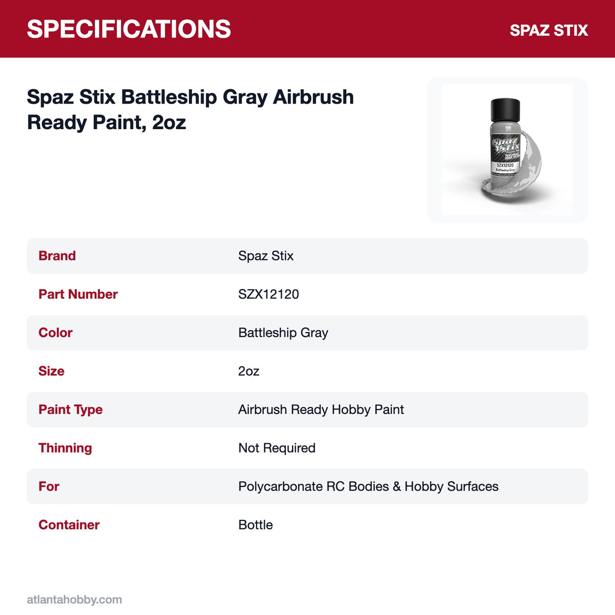 Spaz Stix Battleship Gray Airbrush Ready Paint, 2oz specifications