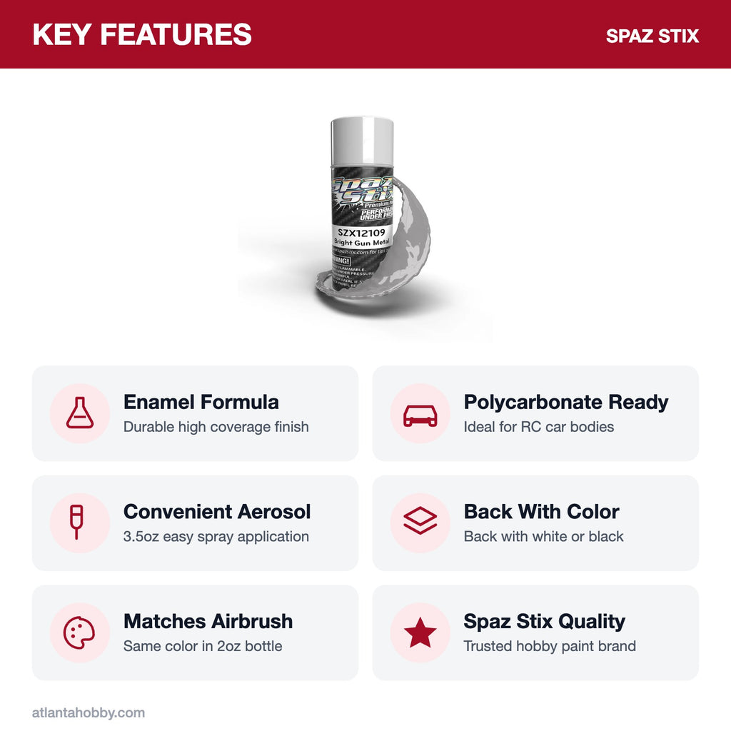Spaz Stix Bright Gunmetal Aerosol Paint, 3.5oz key features