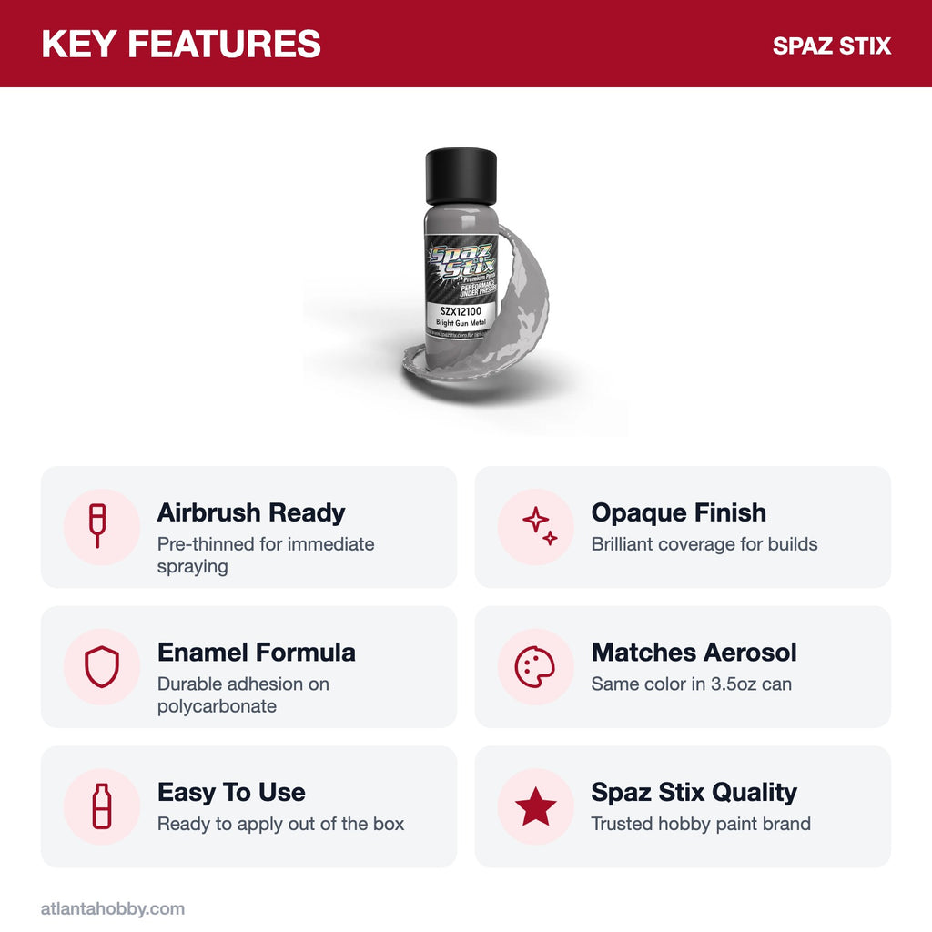 Spaz Stix Bright Gunmetal Airbrush Ready Paint, 2oz key features