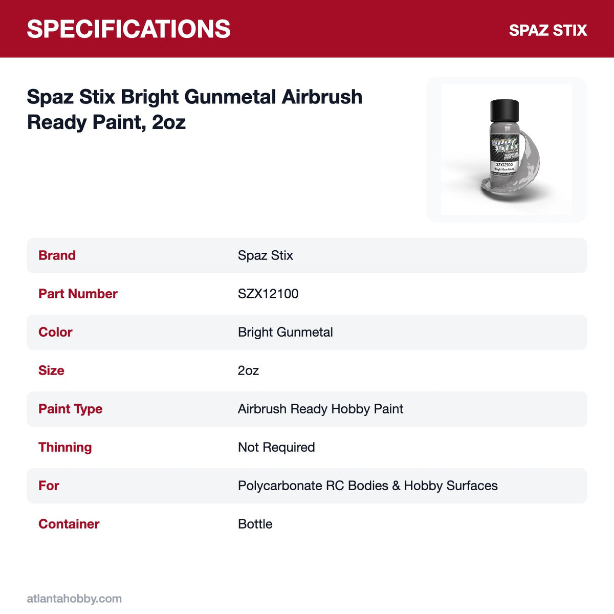 Spaz Stix Bright Gunmetal Airbrush Ready Paint, 2oz specifications