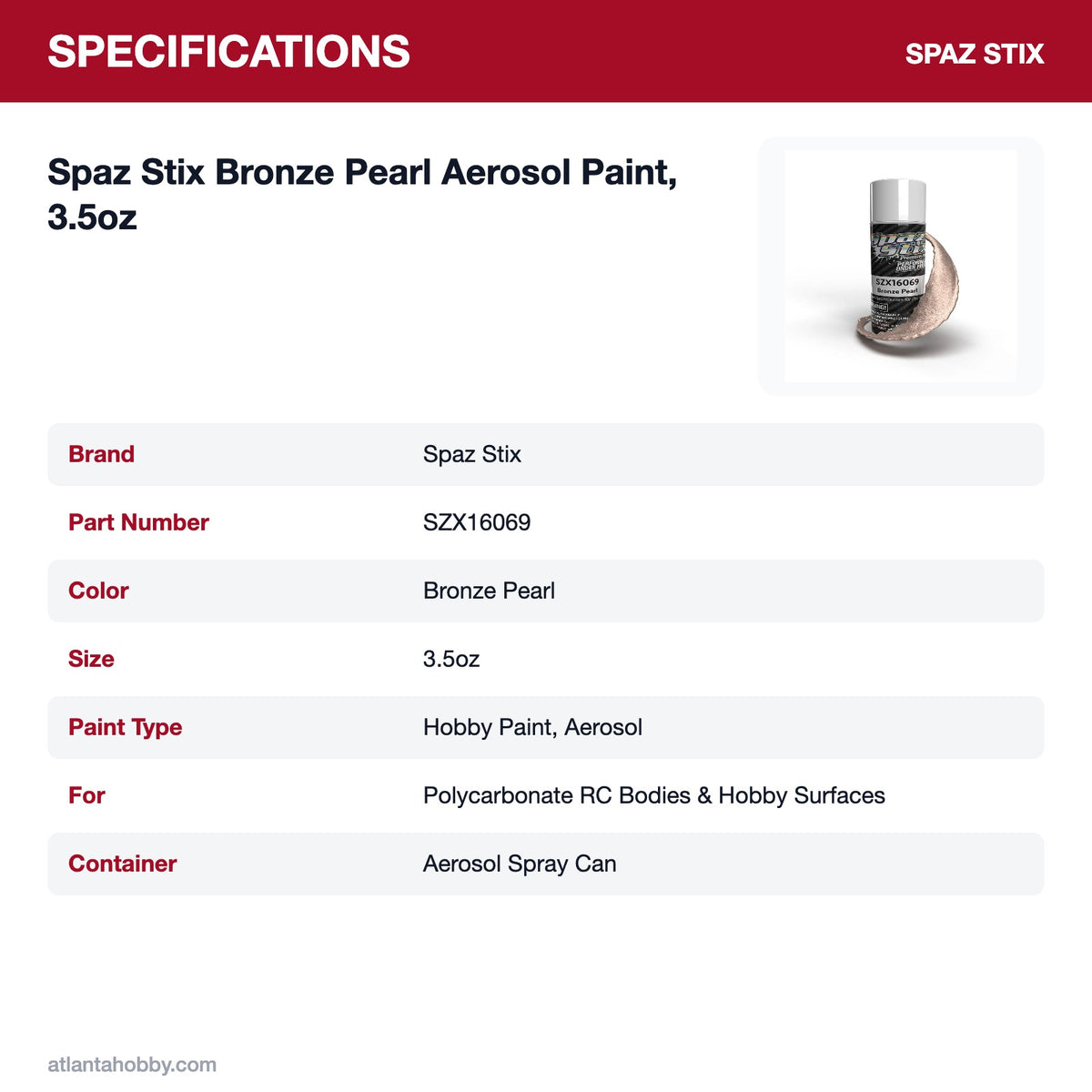 Spaz Stix Bronze Pearl Aerosol Paint, 3.5oz specifications