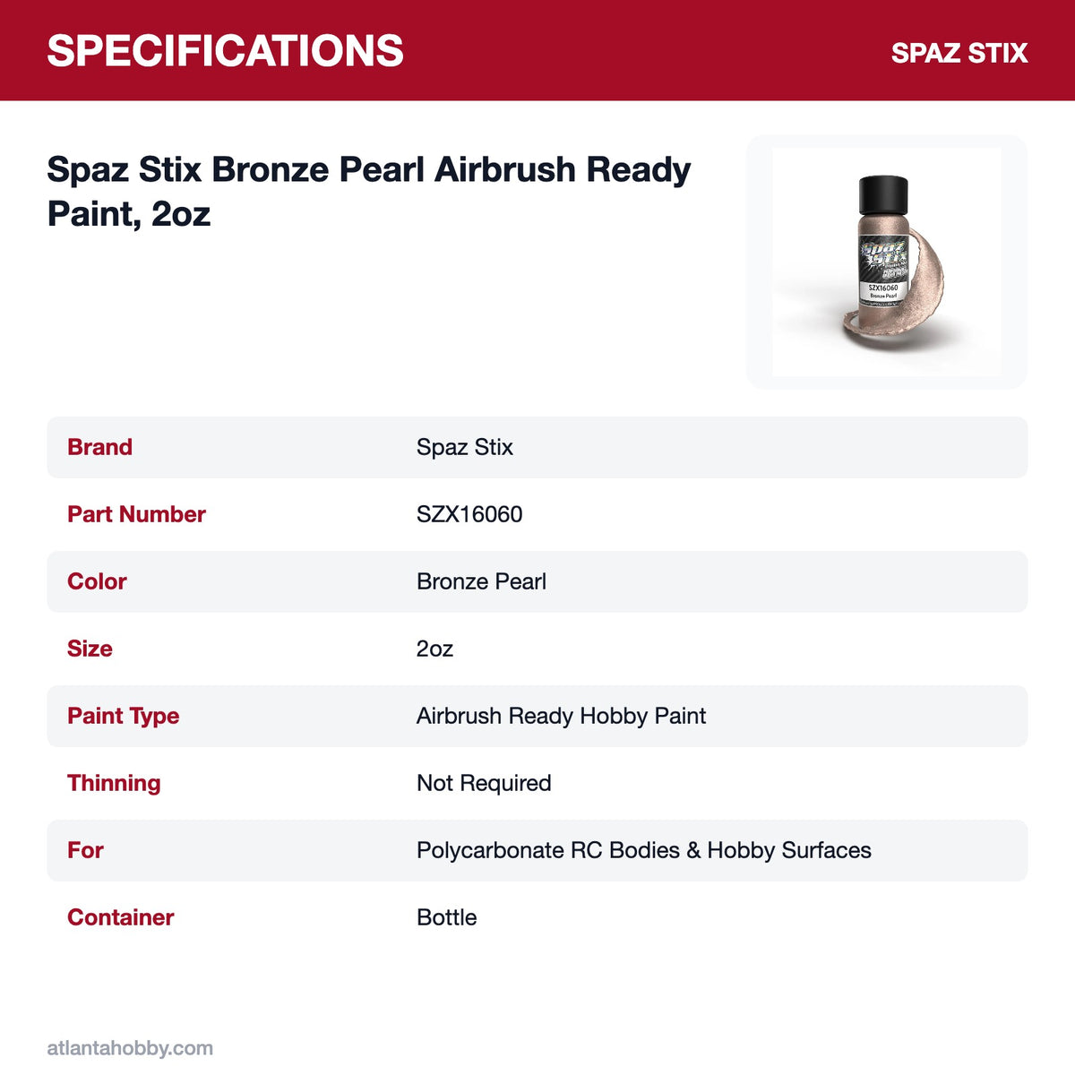 Spaz Stix Bronze Pearl Airbrush Ready Paint, 2oz specifications