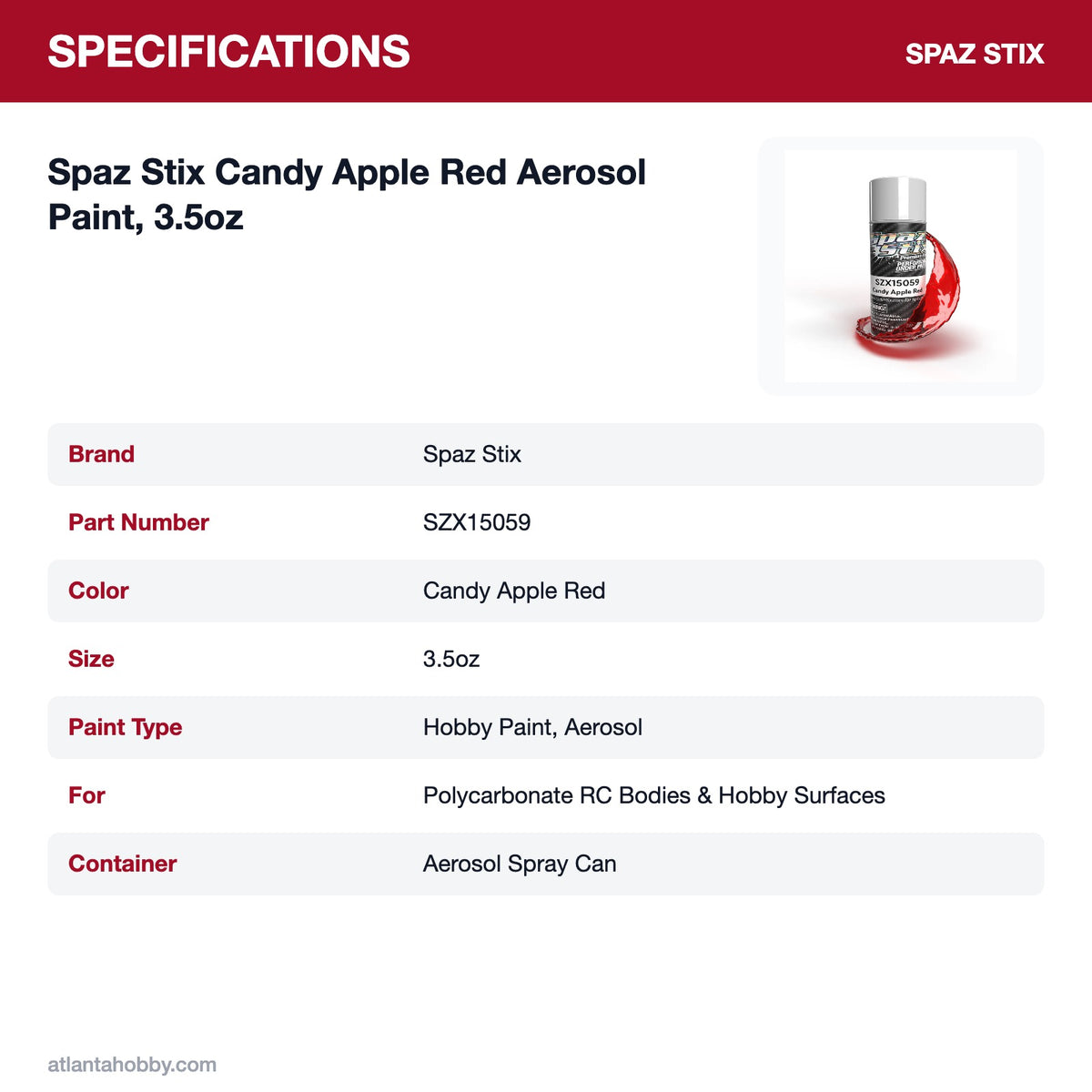 Spaz Stix Candy Apple Red Aerosol Paint, 3.5oz specifications