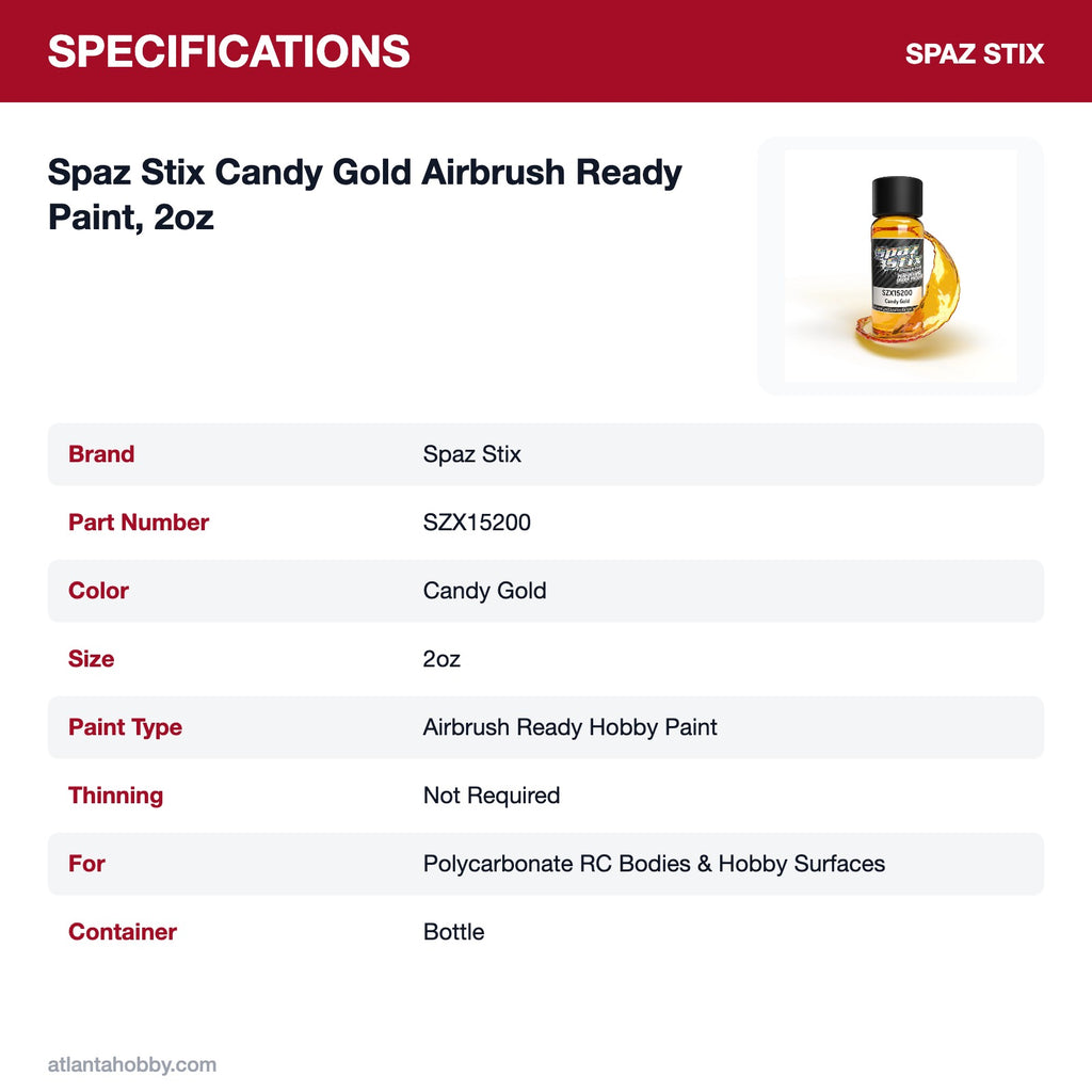 Spaz Stix Candy Gold Airbrush Ready Paint, 2oz specifications