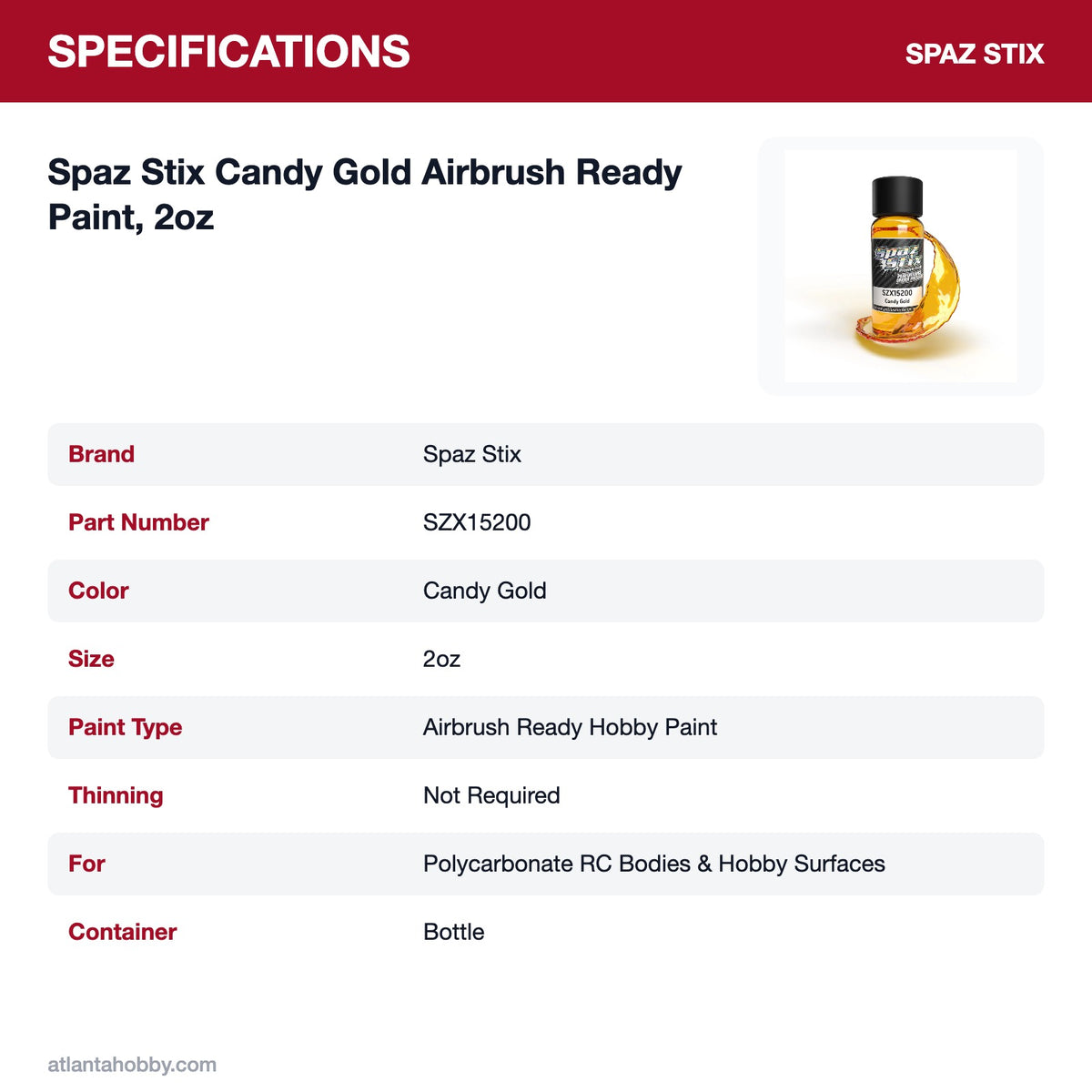 Spaz Stix Candy Gold Airbrush Ready Paint, 2oz specifications