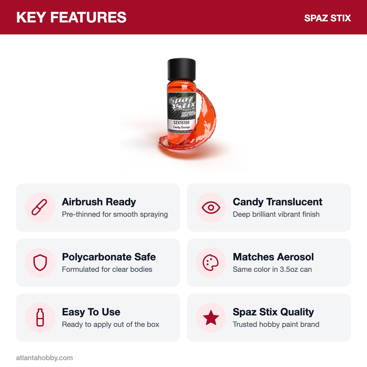 Spaz Stix Candy Orange Airbrush Ready Paint, 2oz key features