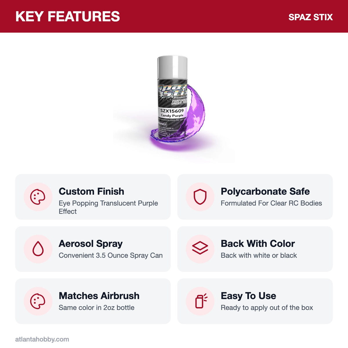 Spaz Stix Candy Purple Aerosol Paint, 3.5oz key features