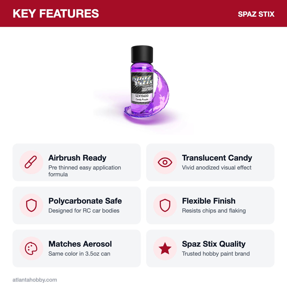 Spaz Stix Candy Purple Airbrush Ready Paint, 2oz key features
