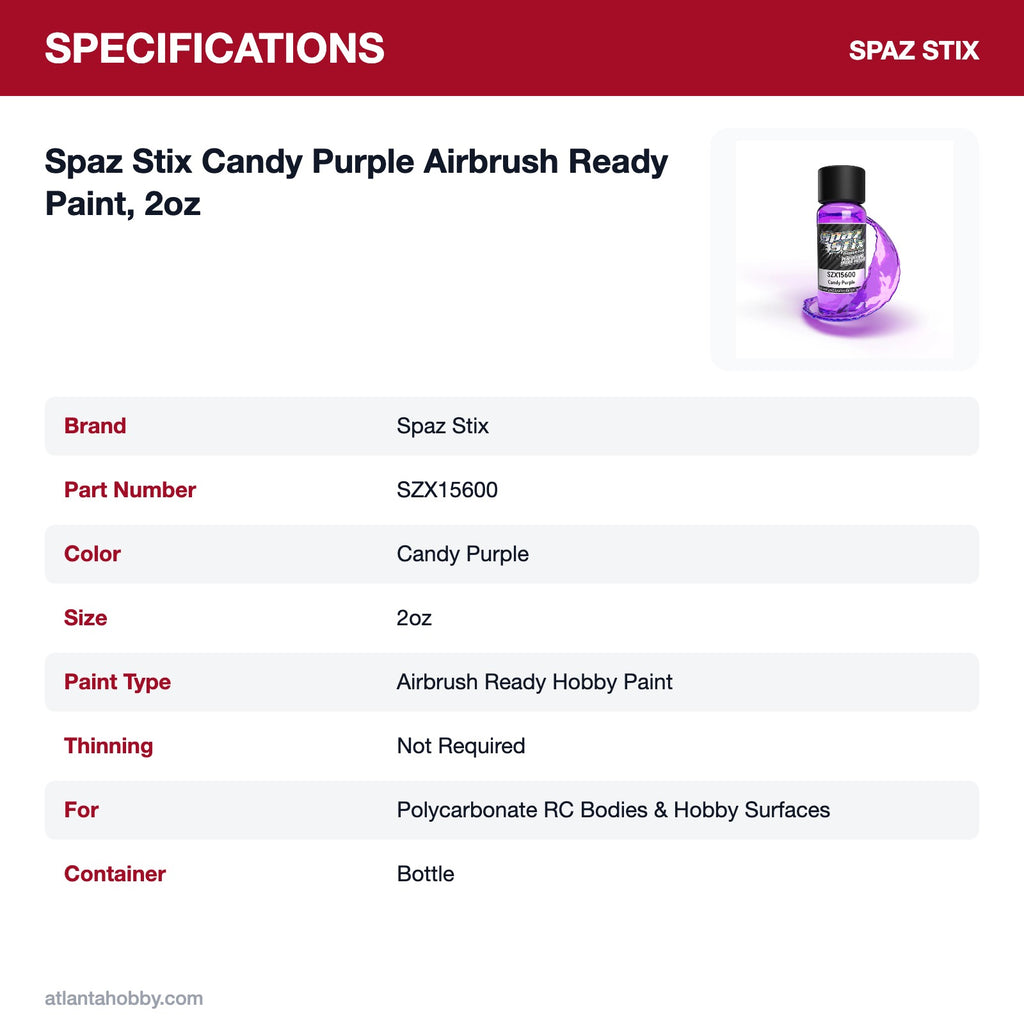Spaz Stix Candy Purple Airbrush Ready Paint, 2oz specifications