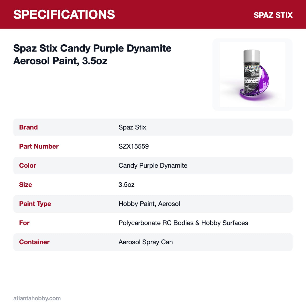 Spaz Stix Candy Purple Dynamite Aerosol Paint, 3.5oz specifications