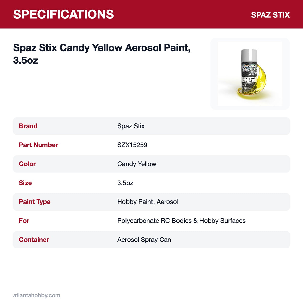 Spaz Stix Candy Yellow Aerosol Paint, 3.5oz specifications