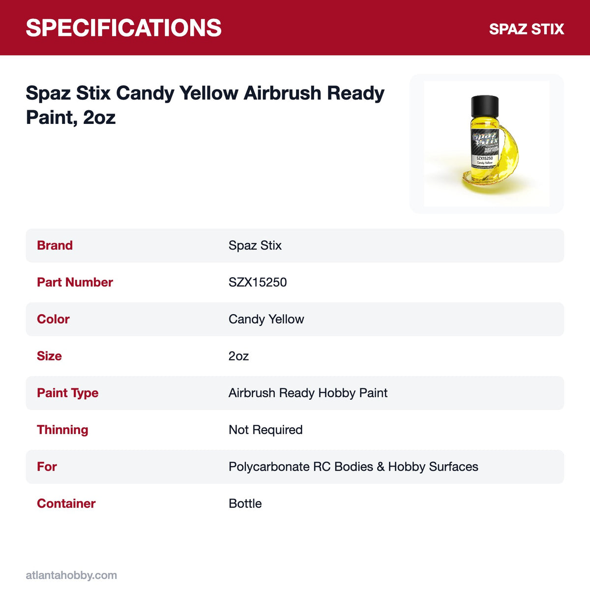 Spaz Stix Candy Yellow Airbrush Ready Paint, 2oz specifications