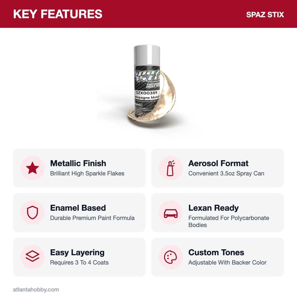 Spaz Stix Champagne Metallic Aerosol Paint, 3.5oz key features