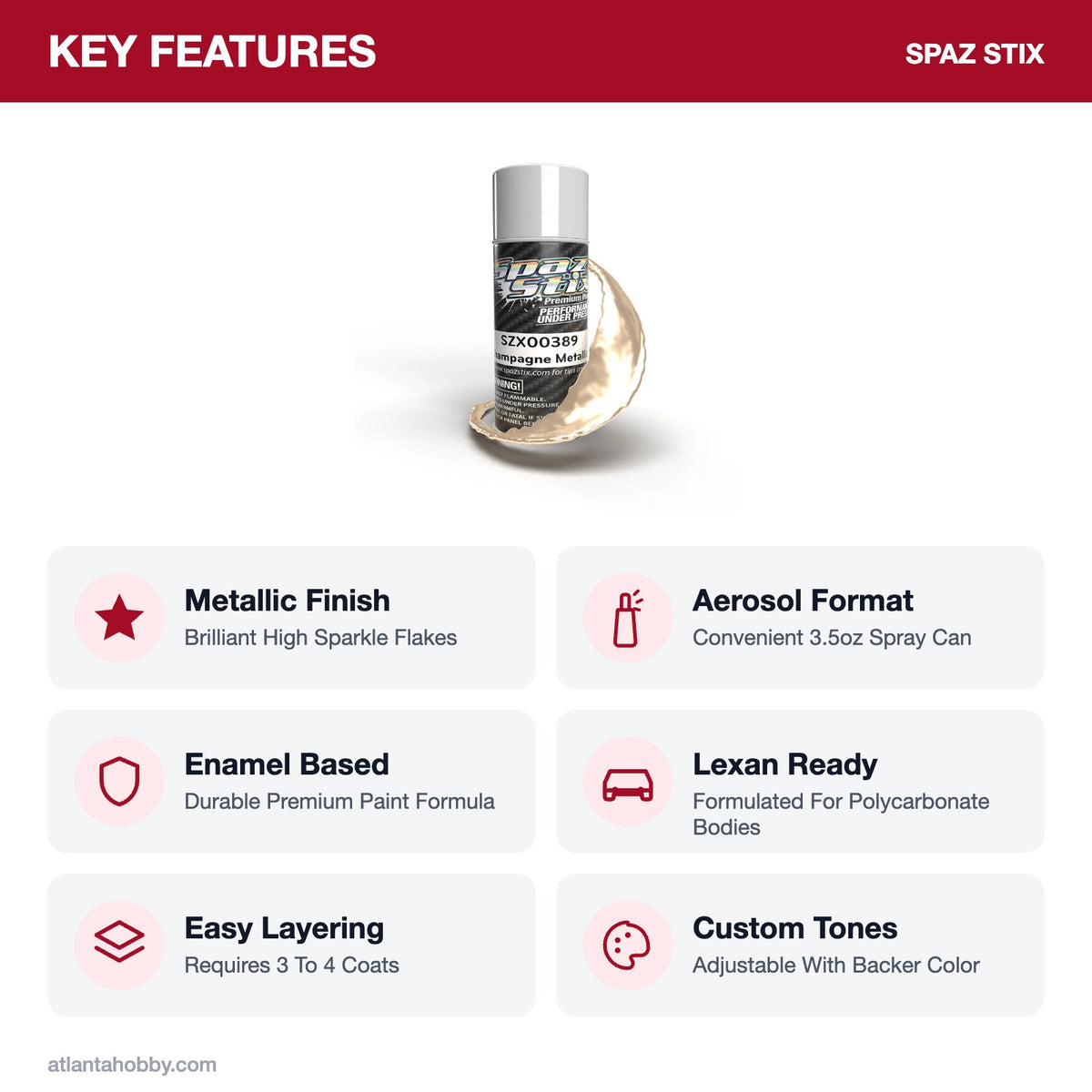 Spaz Stix Champagne Metallic Aerosol Paint, 3.5oz key features