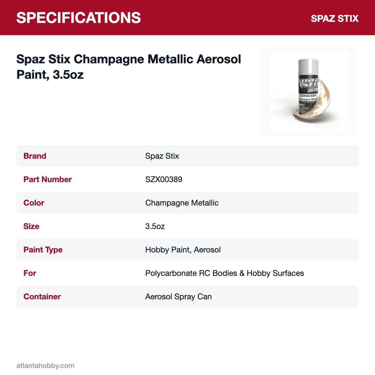 Spaz Stix Champagne Metallic Aerosol Paint, 3.5oz specifications