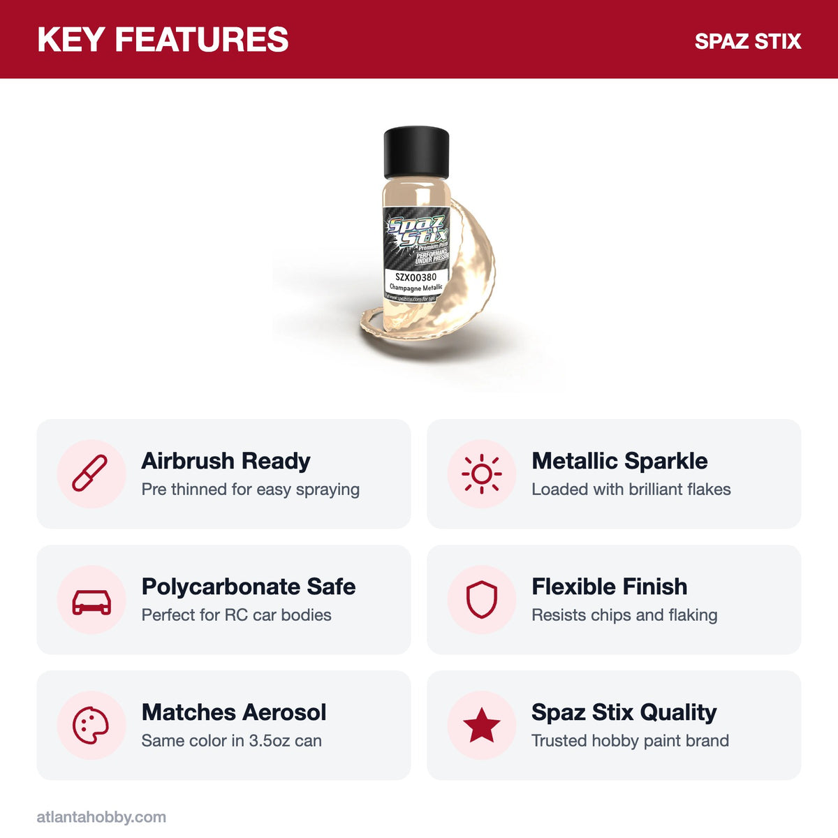 Spaz Stix Champagne Metallic Airbrush Ready Paint, 2oz key features
