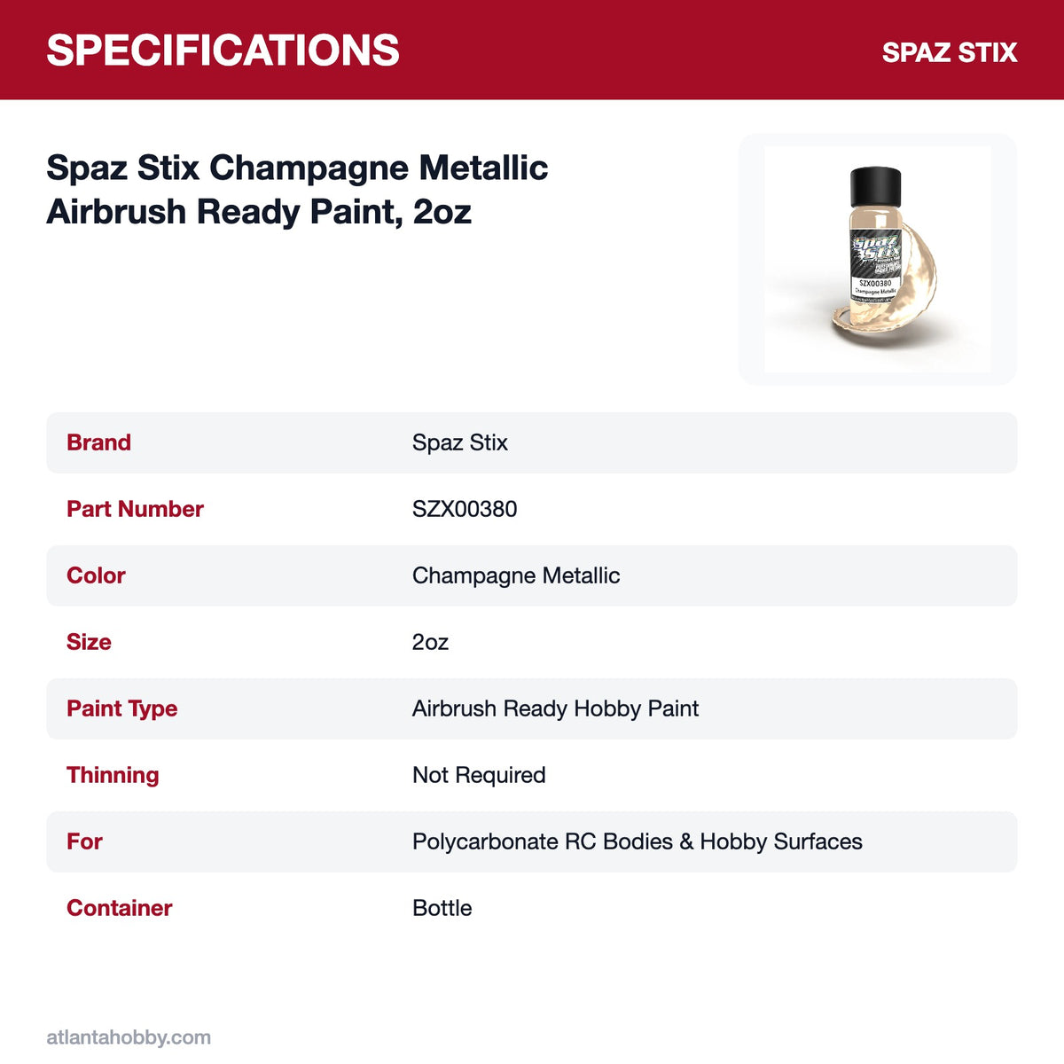 Spaz Stix Champagne Metallic Airbrush Ready Paint, 2oz specifications