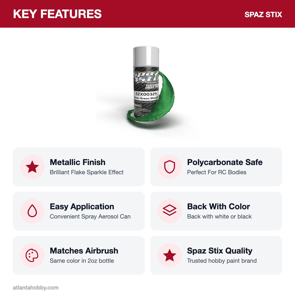 Spaz Stix Clover Green Metallic Aerosol Paint, 3.5oz key features
