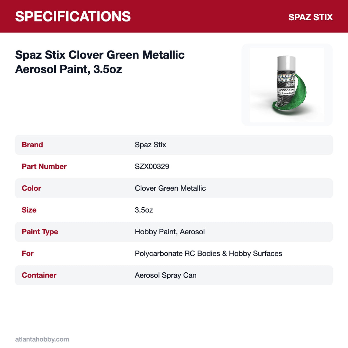 Spaz Stix Clover Green Metallic Aerosol Paint, 3.5oz specifications