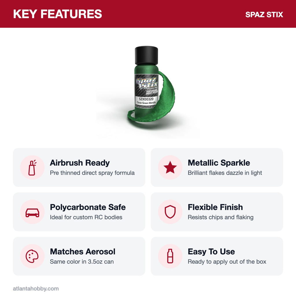 Spaz Stix Clover Green Metallic Airbrush Ready Paint, 2oz key features