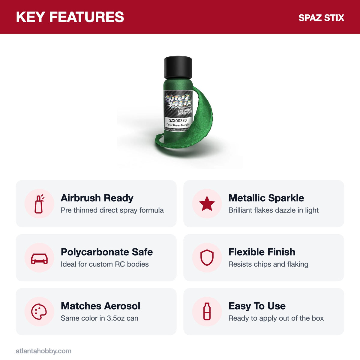 Spaz Stix Clover Green Metallic Airbrush Ready Paint, 2oz key features
